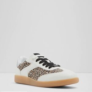 Aldo White Leather Sneakers with Leopard Panels and Black Laces